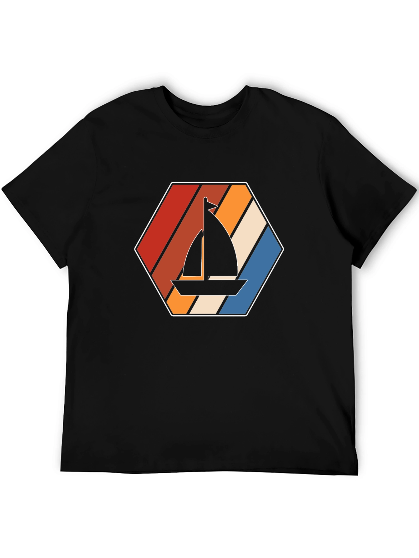 Retro Sailboat Graphic Tee - Black Cotton T-Shirt