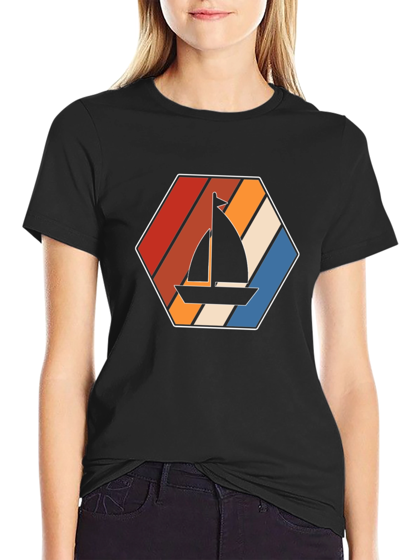 Retro Sailboat Graphic Tee - Black Cotton T-Shirt