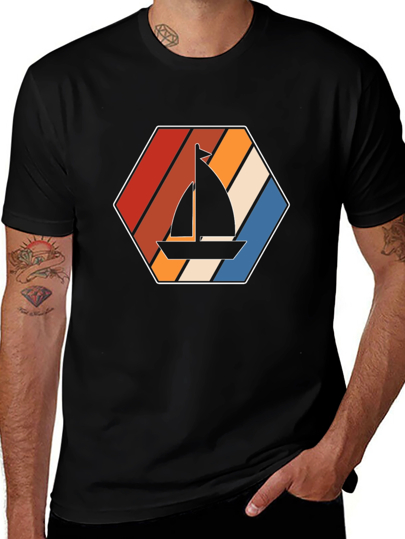 Retro Sailboat Graphic Tee - Black Cotton T-Shirt