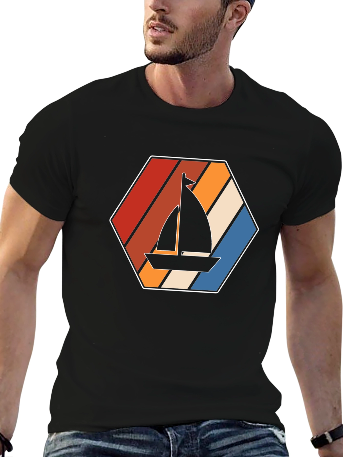 Retro Sailboat Graphic Tee - Black Cotton T-Shirt