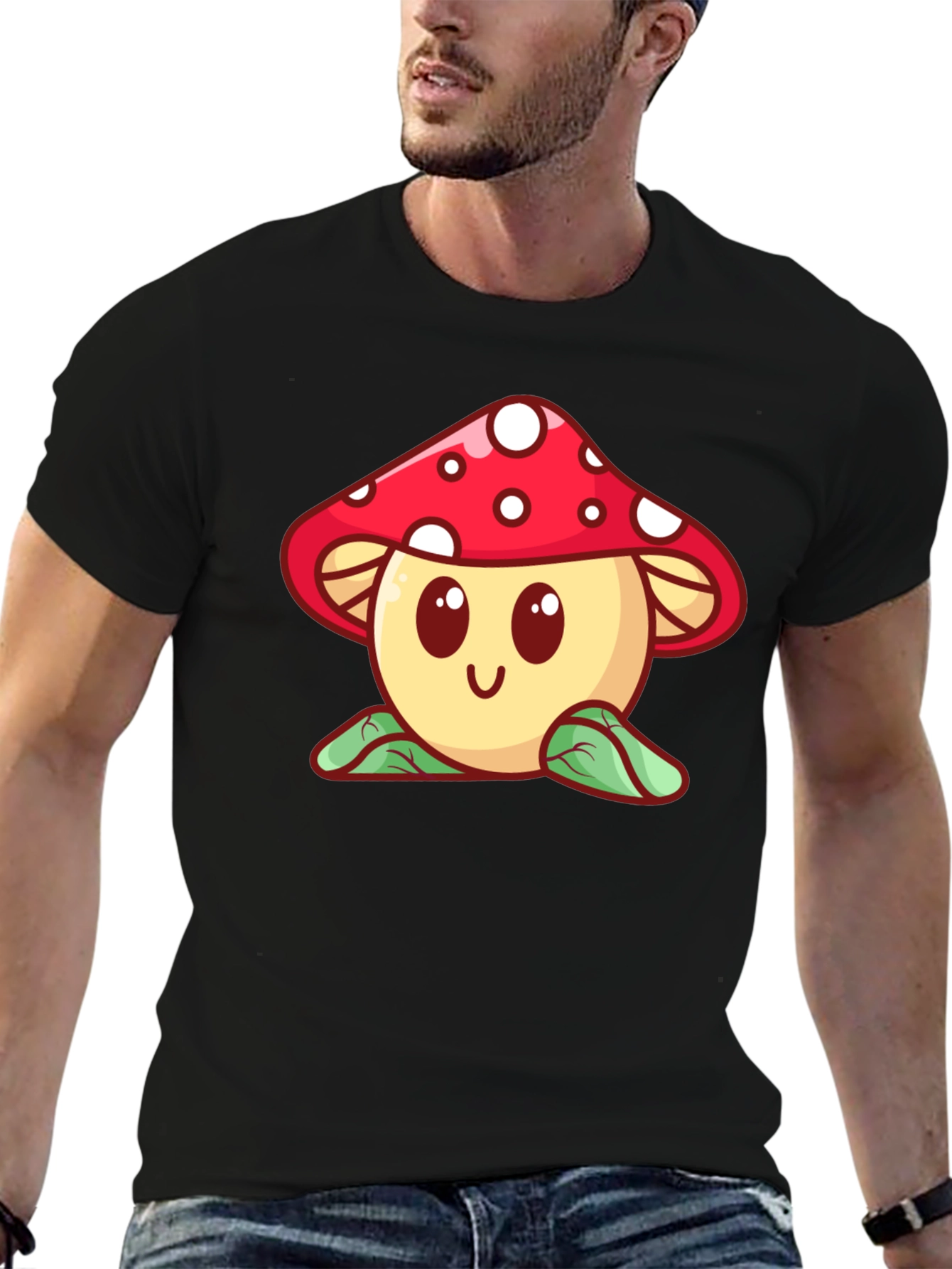 Mushroom Graphic Black T-Shirt - Cute Cartoon Design