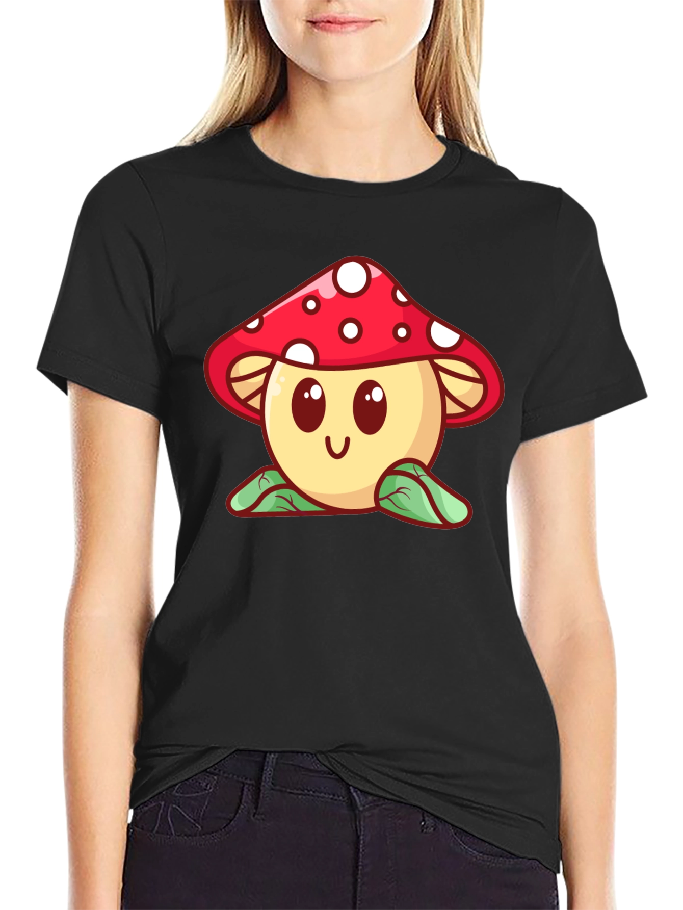 Mushroom Graphic Black T-Shirt - Cute Cartoon Design