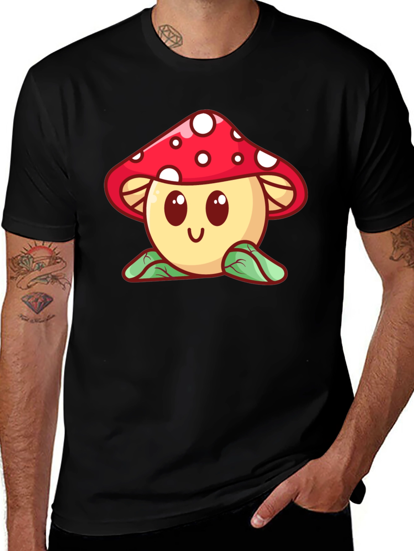 Mushroom Graphic Black T-Shirt - Cute Cartoon Design