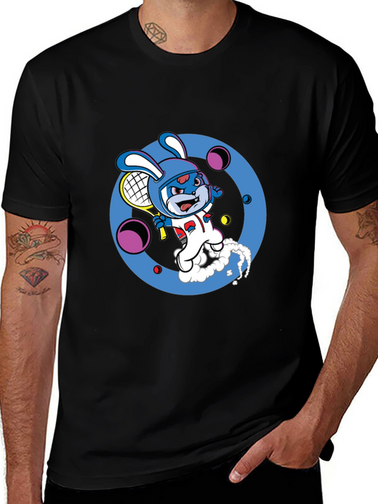 Cartoon Bunny Tennis Player Black Tee