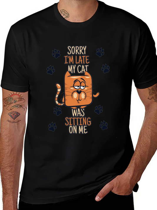 Funny Cat Graphic Tee - Sorry Im Late