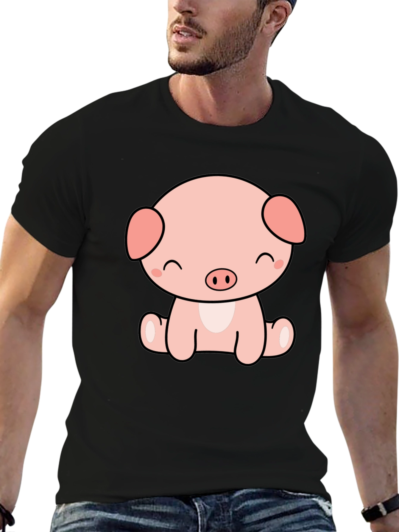 Cute Kawaii Pig Graphic Tee - Black Unisex Shirt