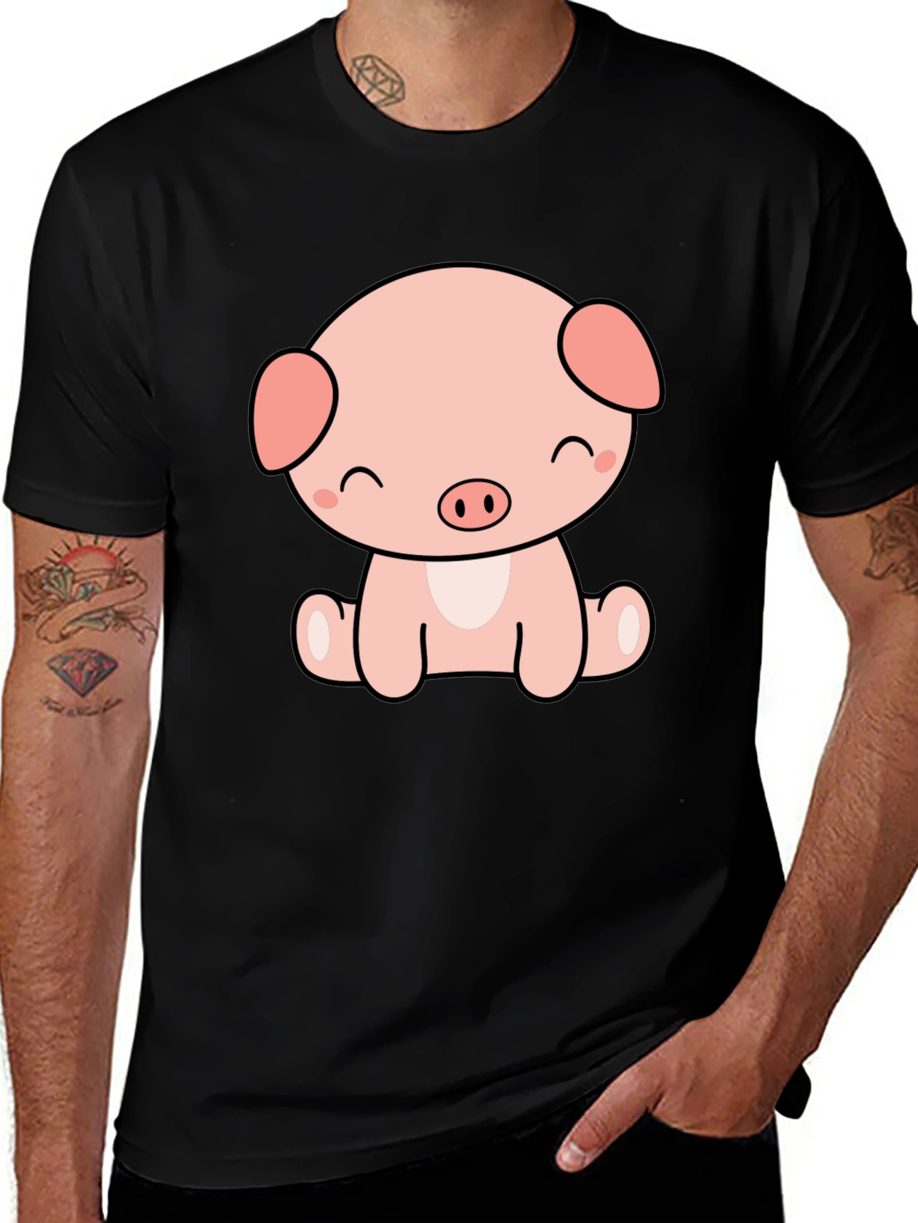 Cute Kawaii Pig Graphic Tee - Black Unisex Shirt
