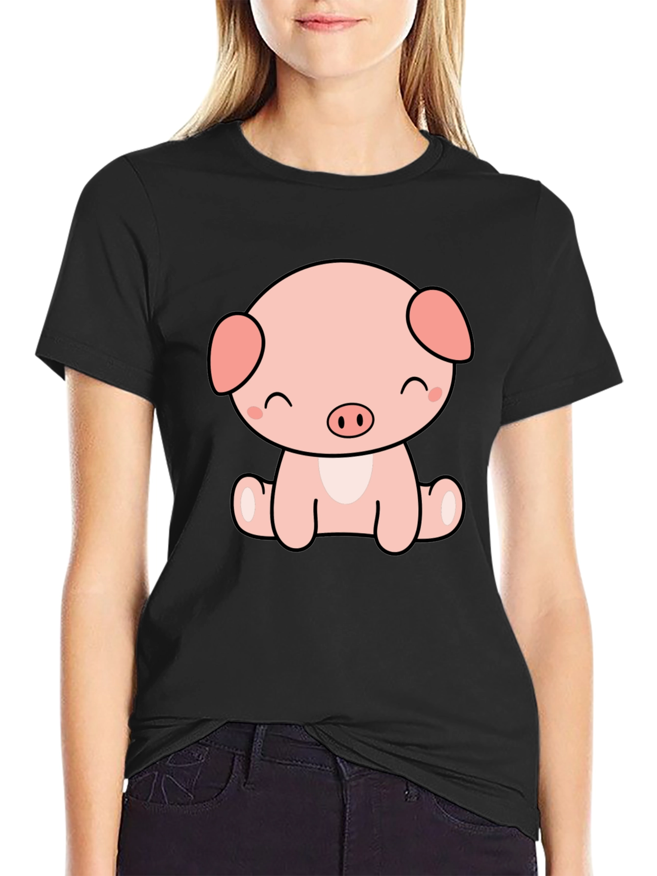 Cute Kawaii Pig Graphic Tee - Black Unisex Shirt
