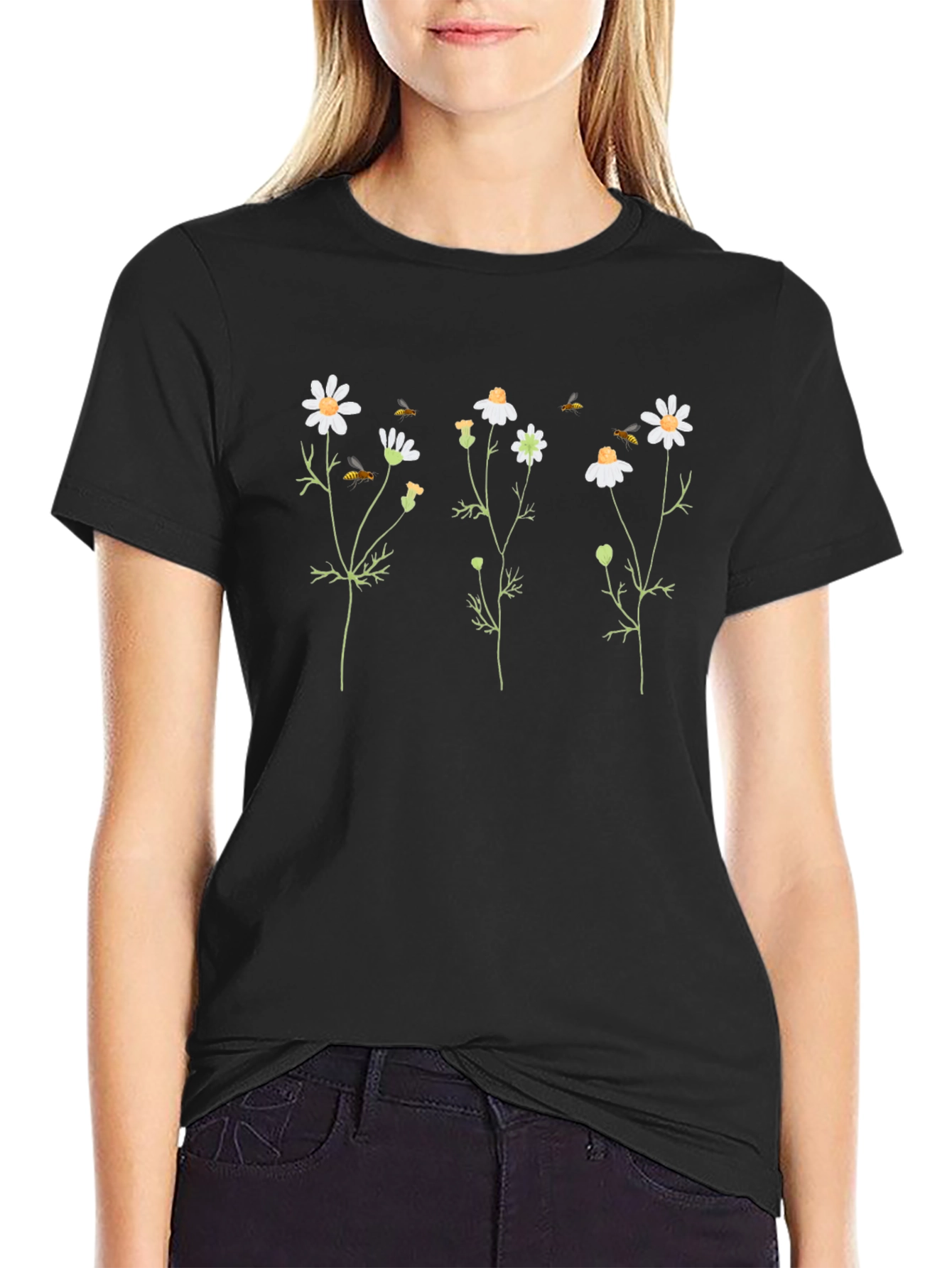 Floral Graphic Tee - Black Cotton T-Shirt