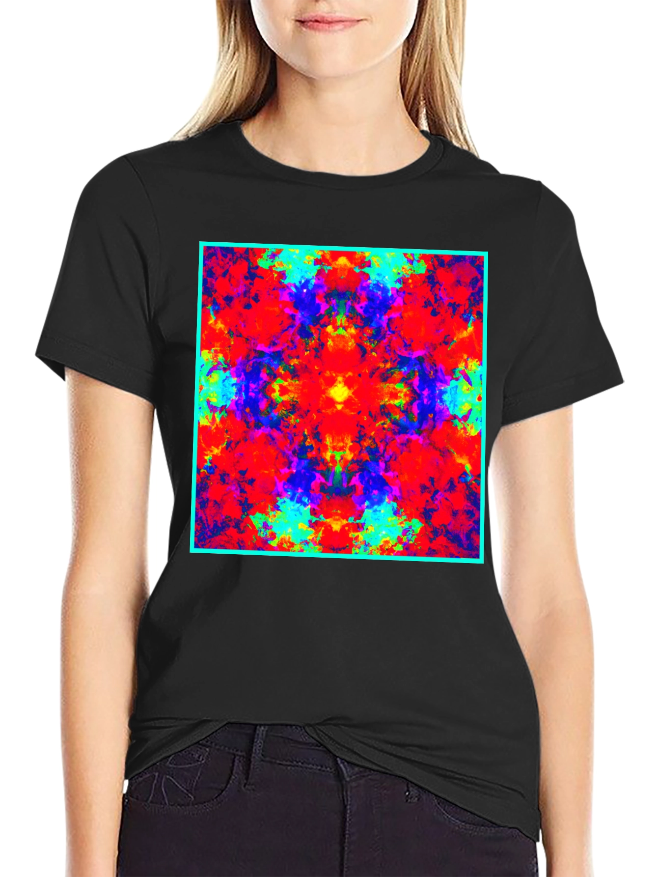 Psychedelic Square Graphic Print Black T-Shirt
