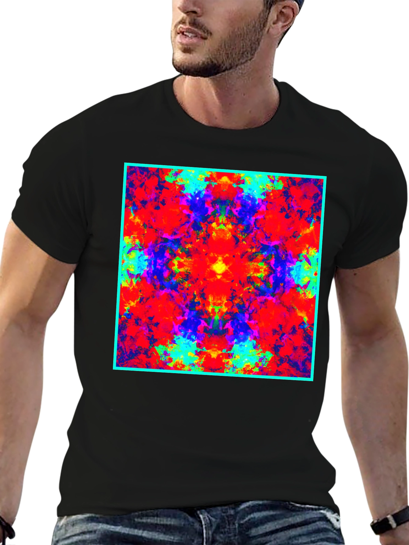 Psychedelic Square Graphic Print Black T-Shirt