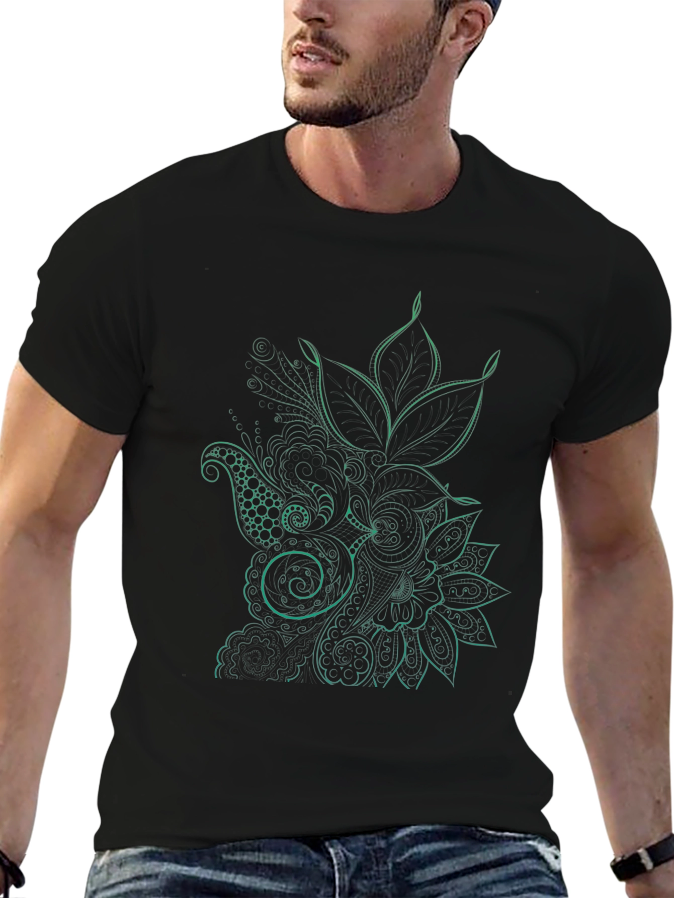 Mens Black T-Shirt with Floral Design