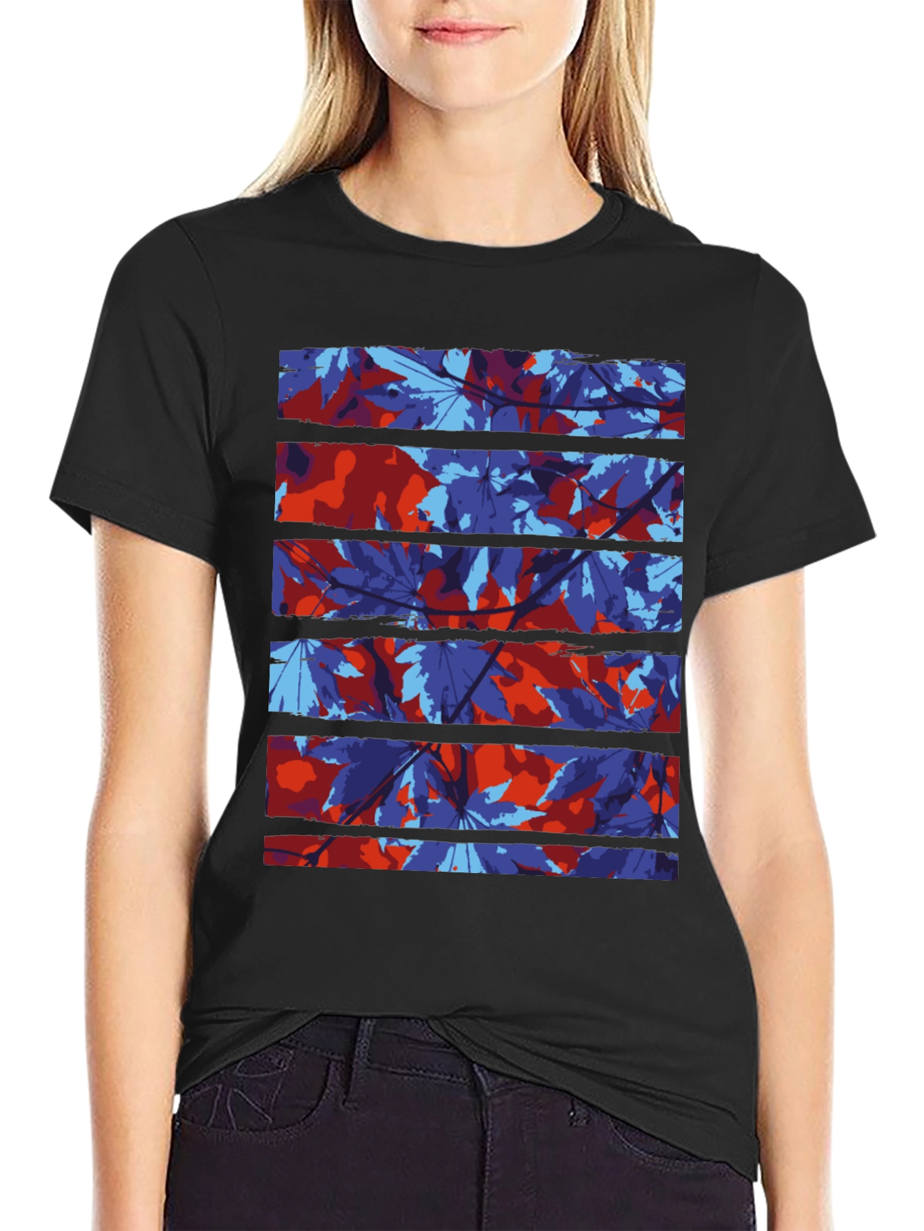 Abstract Leaf Print Black T-Shirt