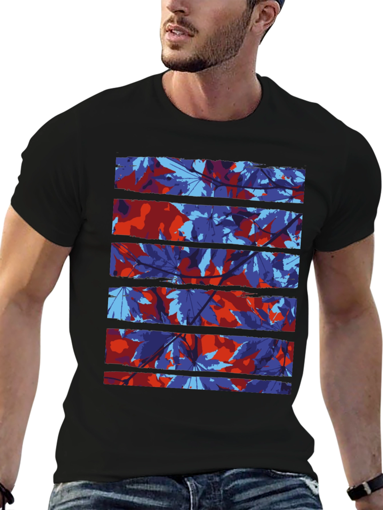 Abstract Leaf Print Black T-Shirt