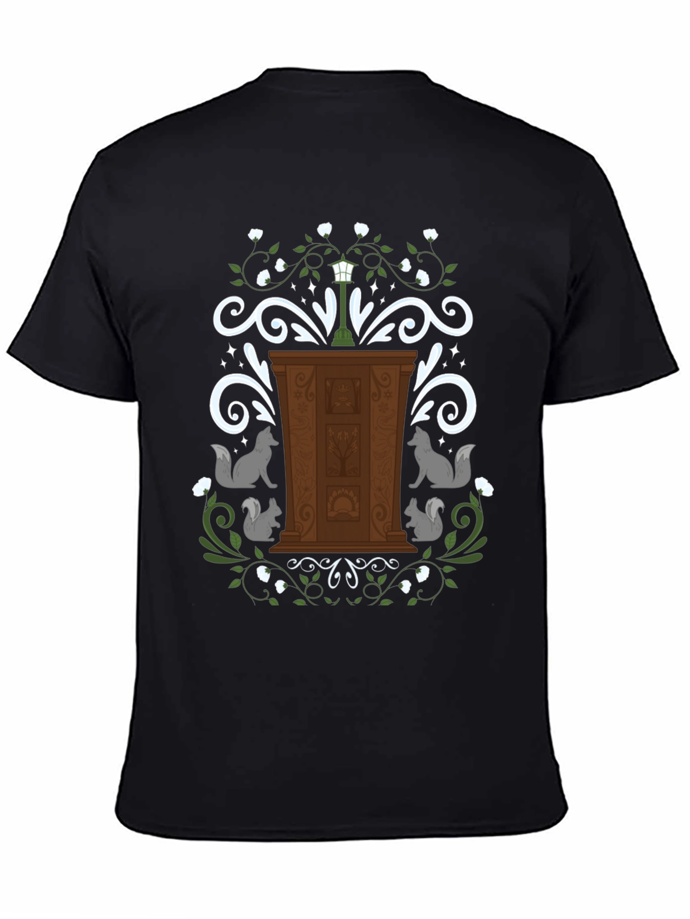 Whimsical Wardrobe T-Shirt with Squirrels and Streetlamp