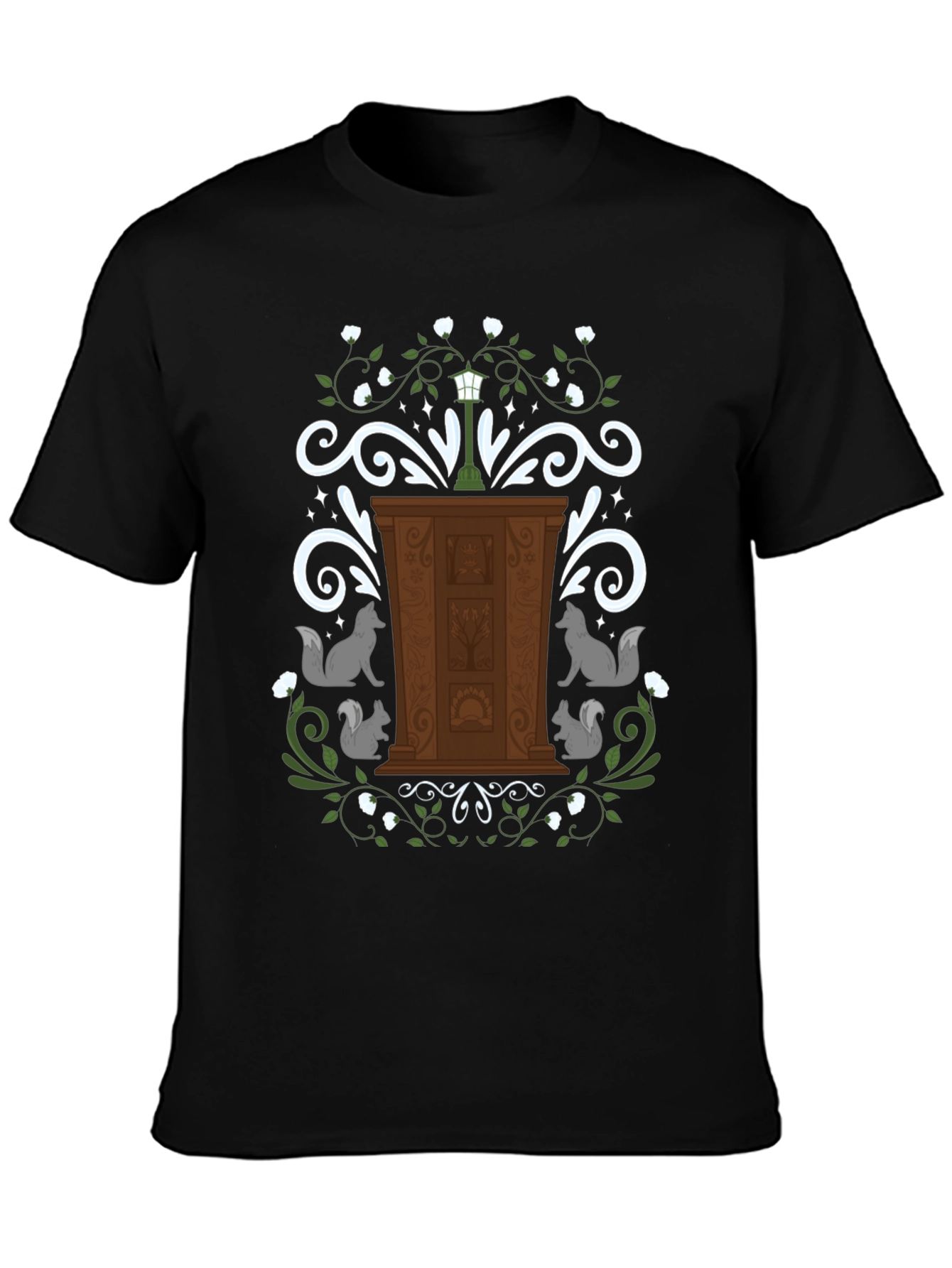 Whimsical Wardrobe T-Shirt with Squirrels and Streetlamp