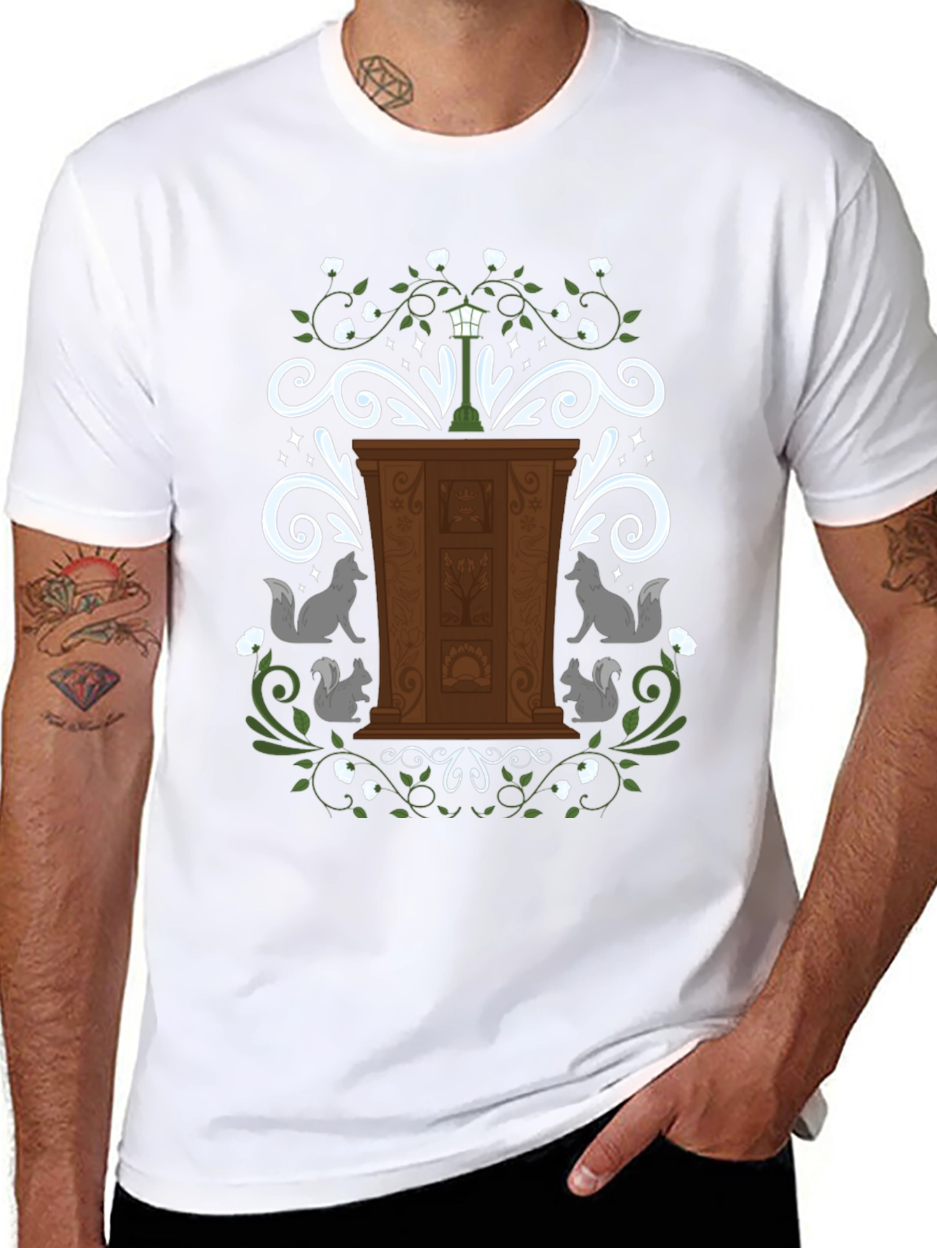 Whimsical Wardrobe T-Shirt with Squirrels and Streetlamp