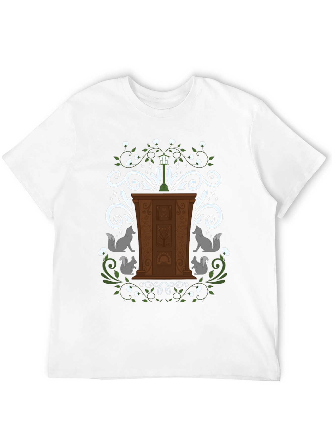 Whimsical Wardrobe T-Shirt with Squirrels and Streetlamp