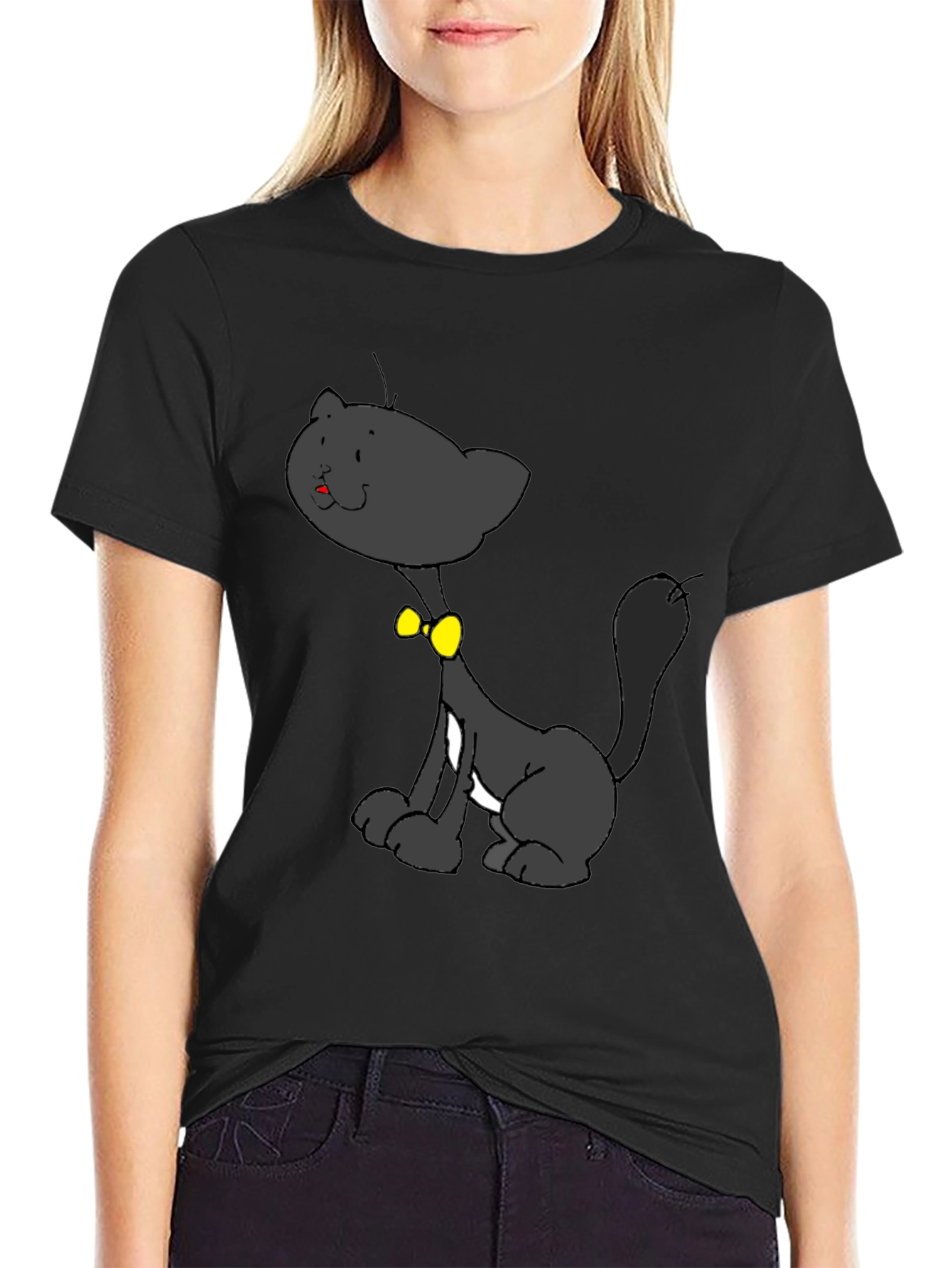 Cartoon Cat Graphic Black T-Shirt