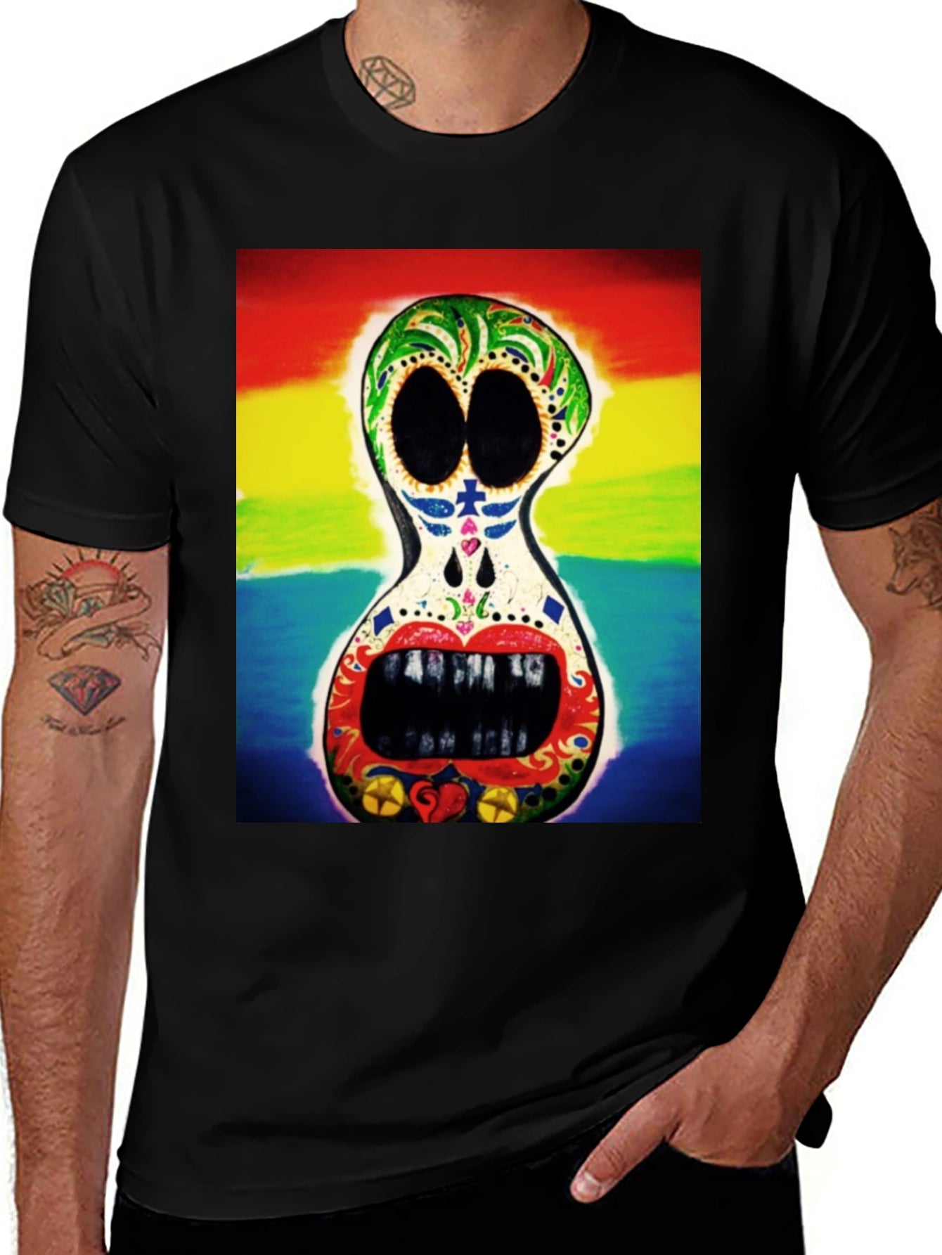 Rainbow Sugar Skull Graphic Tee - Mens Black T-Shirt