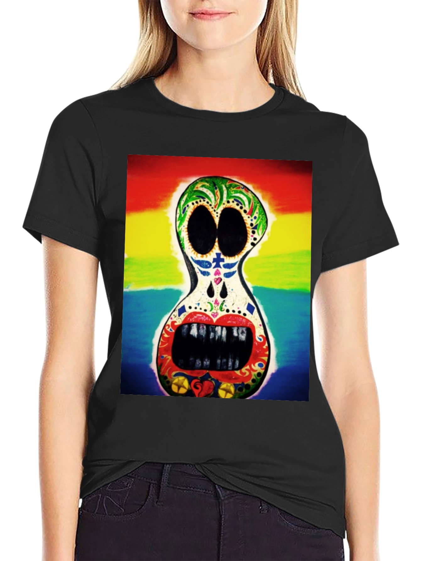 Rainbow Sugar Skull Graphic Tee - Mens Black T-Shirt