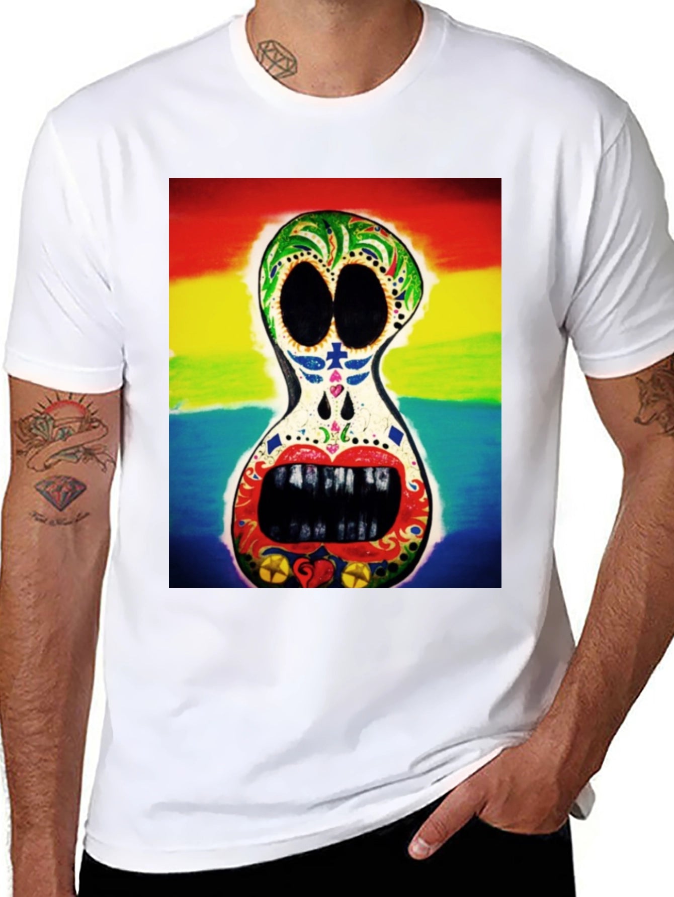 Rainbow Sugar Skull Graphic Tee - Mens Black T-Shirt