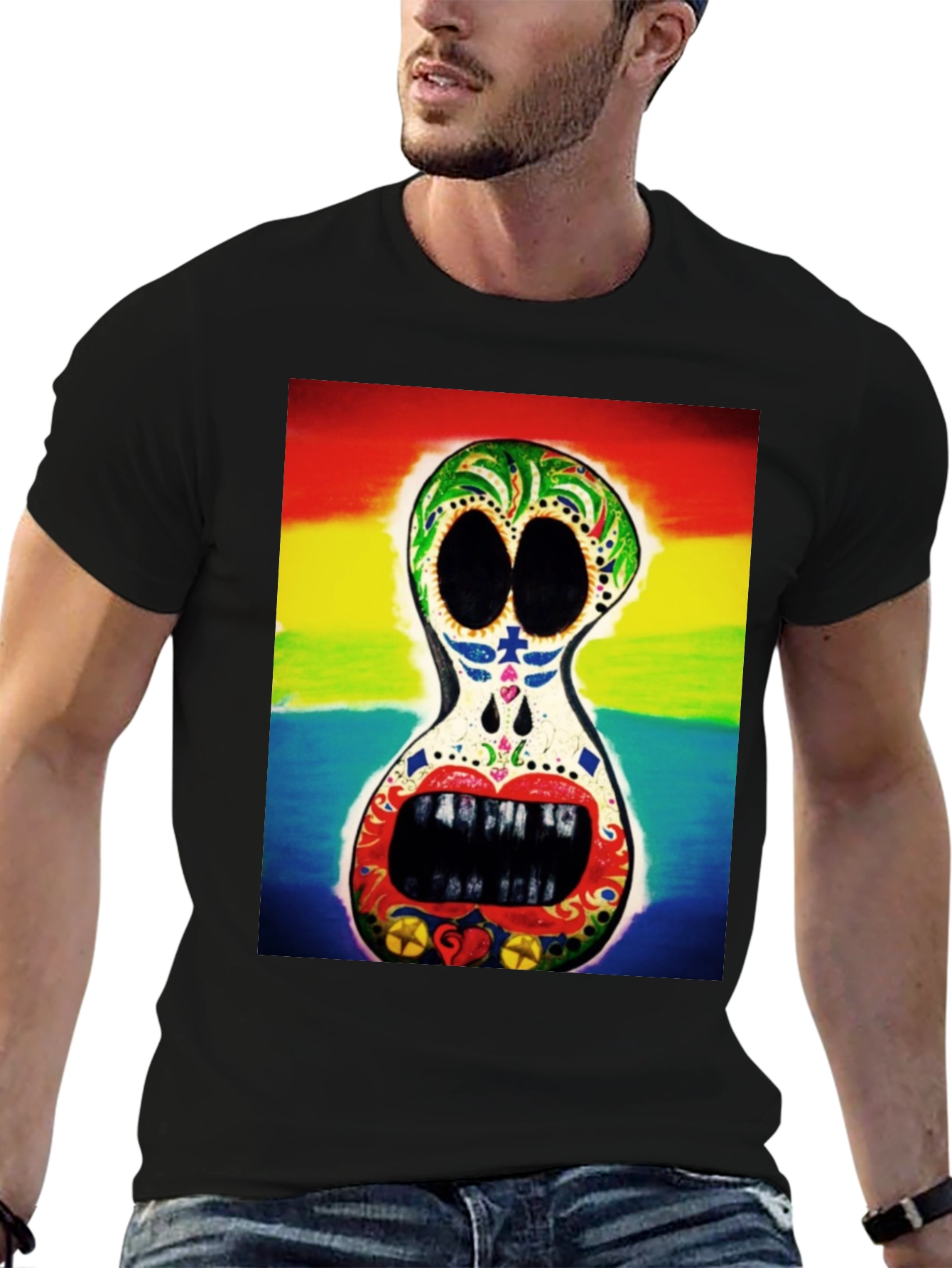 Rainbow Sugar Skull Graphic Tee - Mens Black T-Shirt