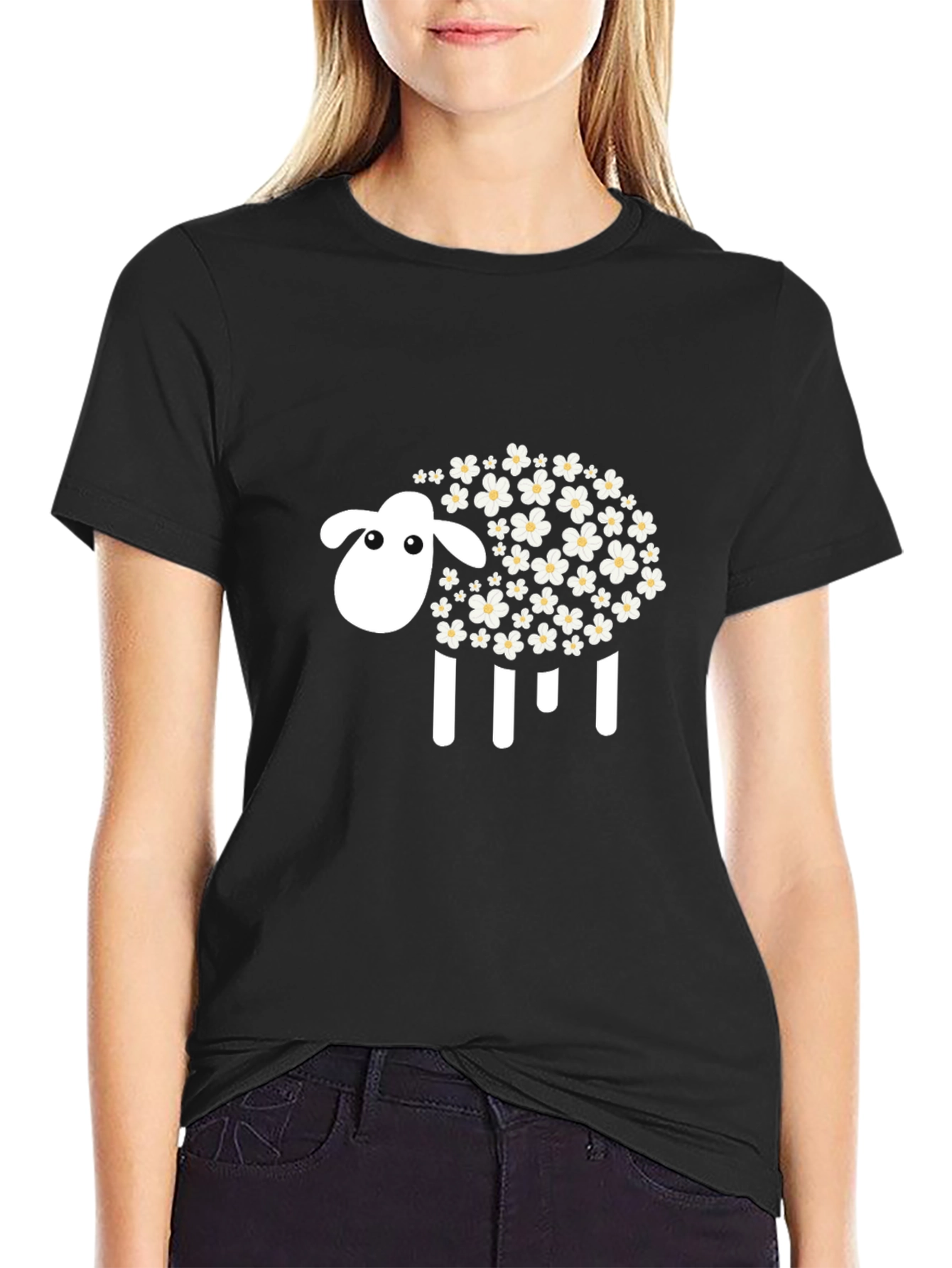 Floral Sheep Graphic Tee - Black