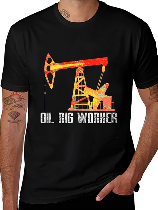 Oil Rig Worker Graphic T-Shirt - Black Crew Neck