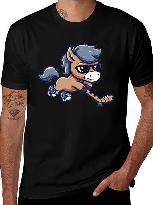 Cartoon Horse Hockey Player Black T-Shirt