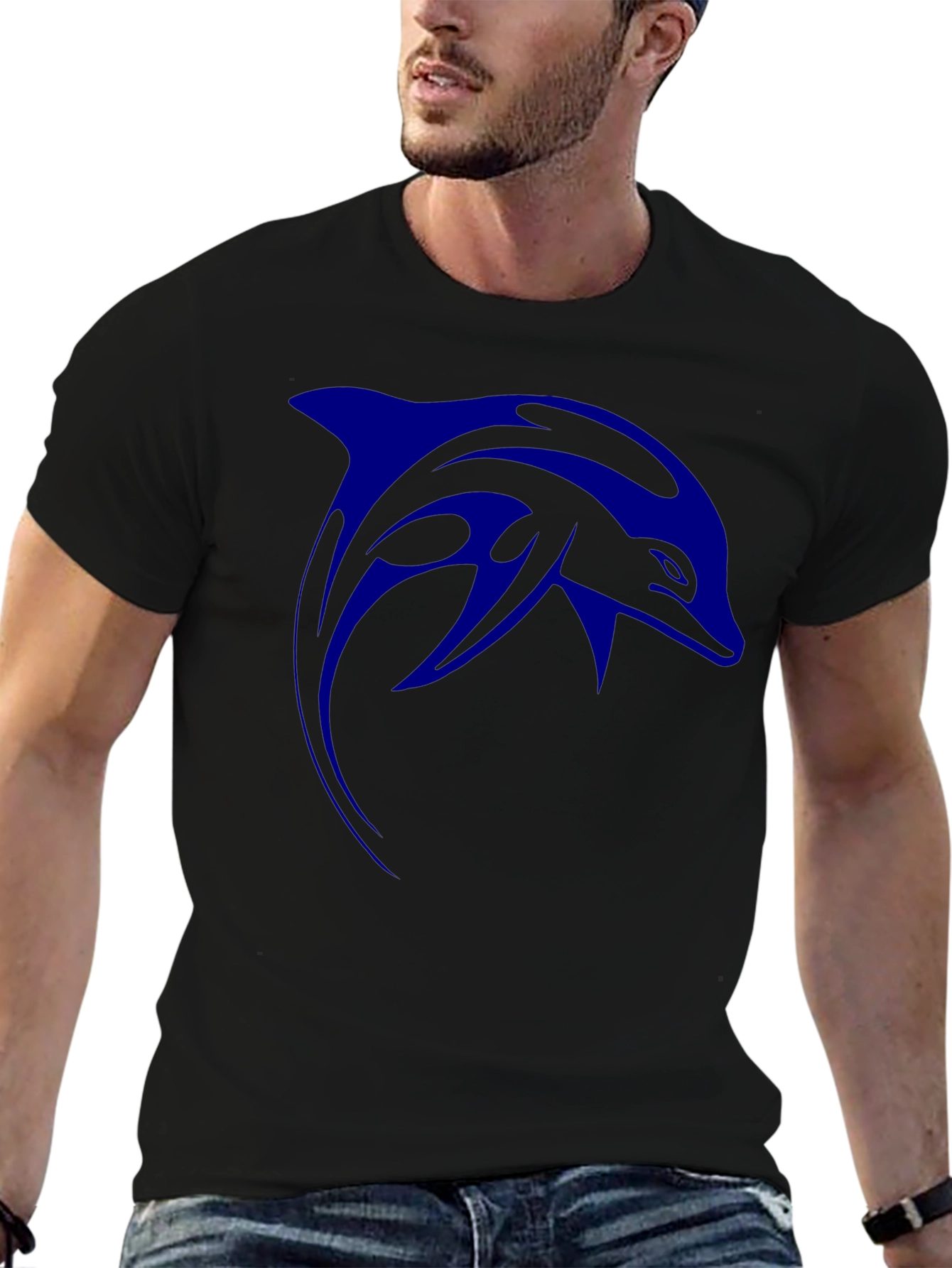 Blue Dolphin Graphic Print Black T-Shirt