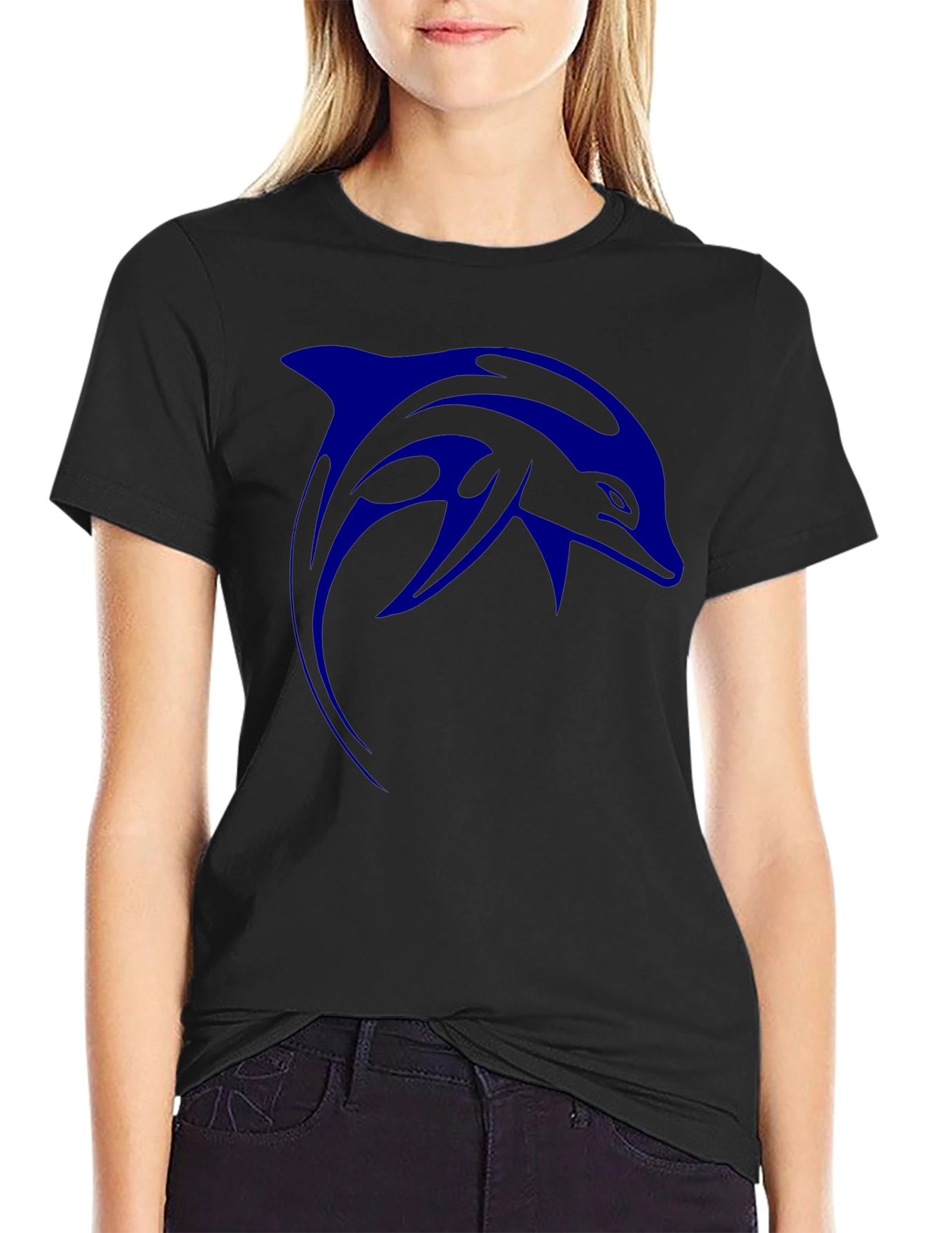 Blue Dolphin Graphic Print Black T-Shirt