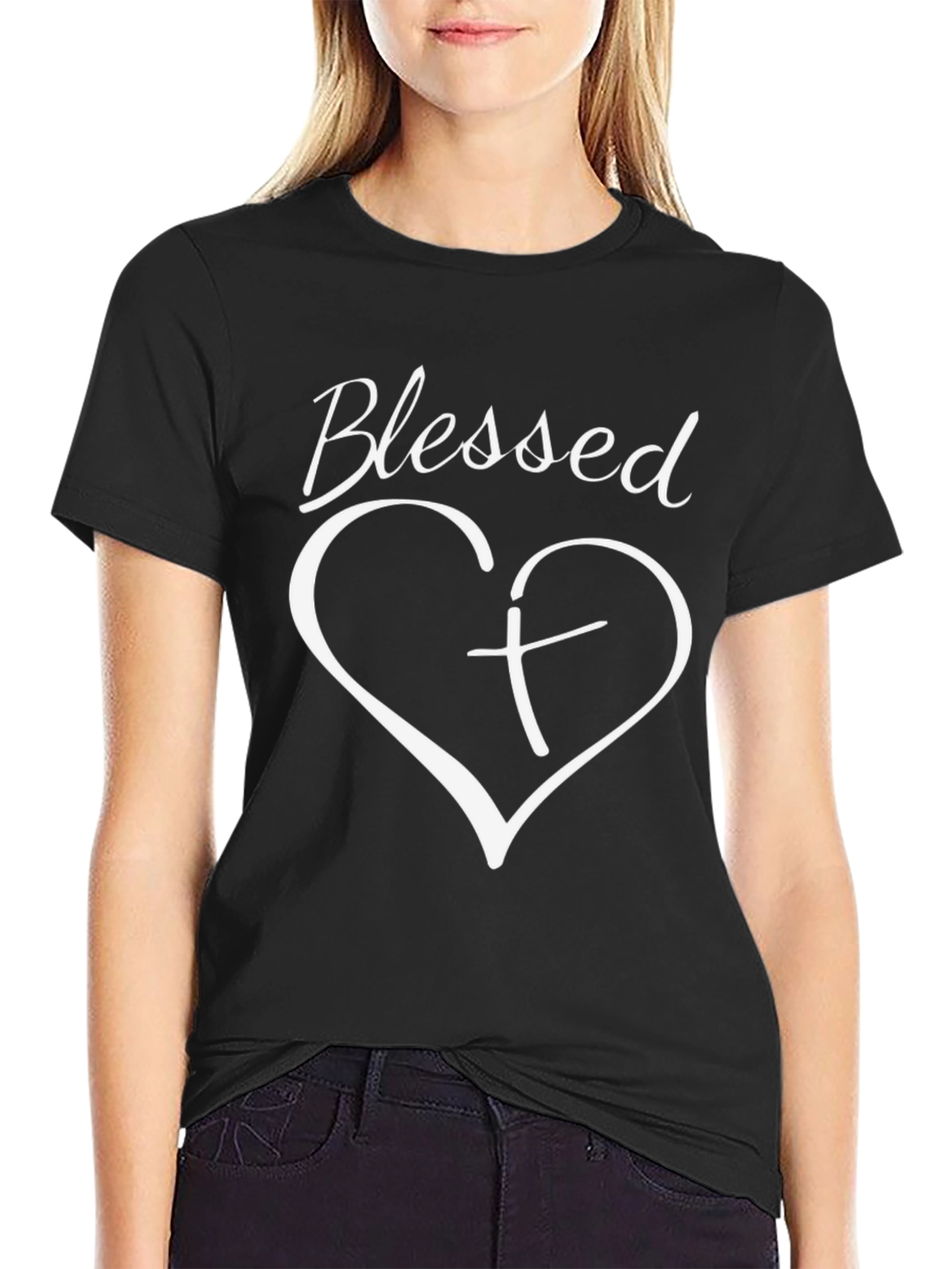 Blessed Heart Cross Graphic Black T-Shirt