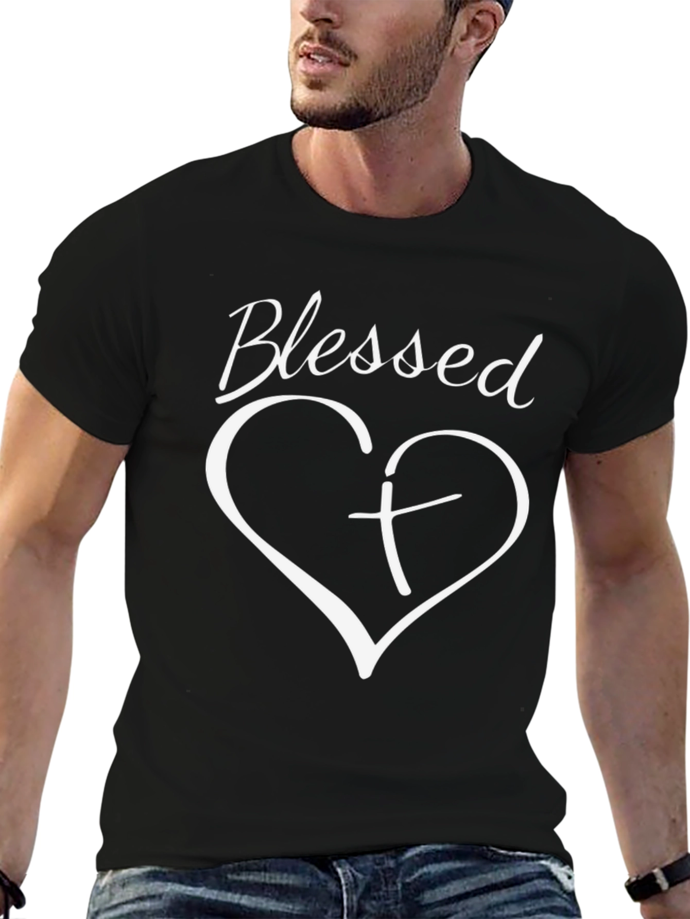 Blessed Heart Cross Graphic Black T-Shirt