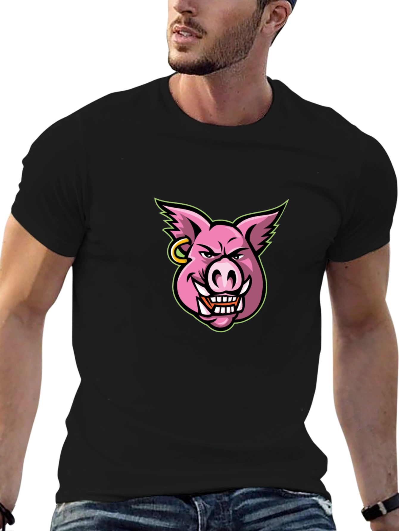Mens Black T-shirt with Cartoon Pig Graphic