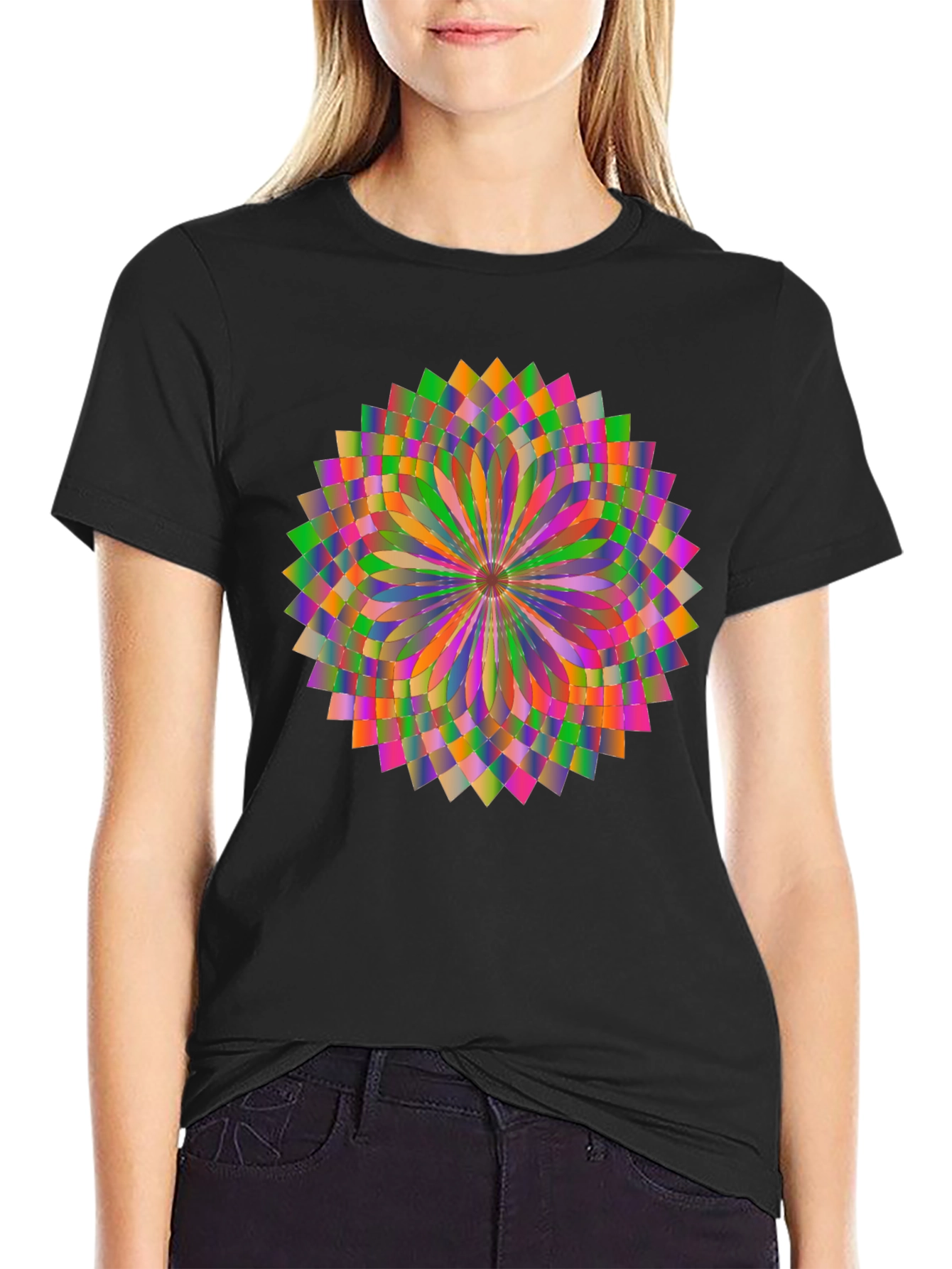 Geometric Mandala Graphic Tee - Stylish Unisex Black T-Shirt