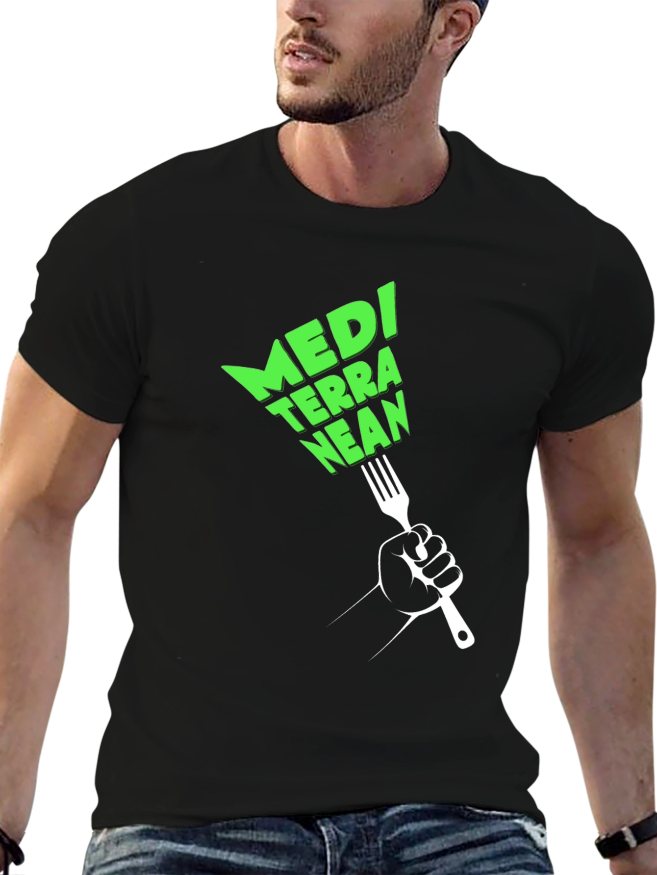 Mediterranean Diet Black T-Shirt - Fork Graphic