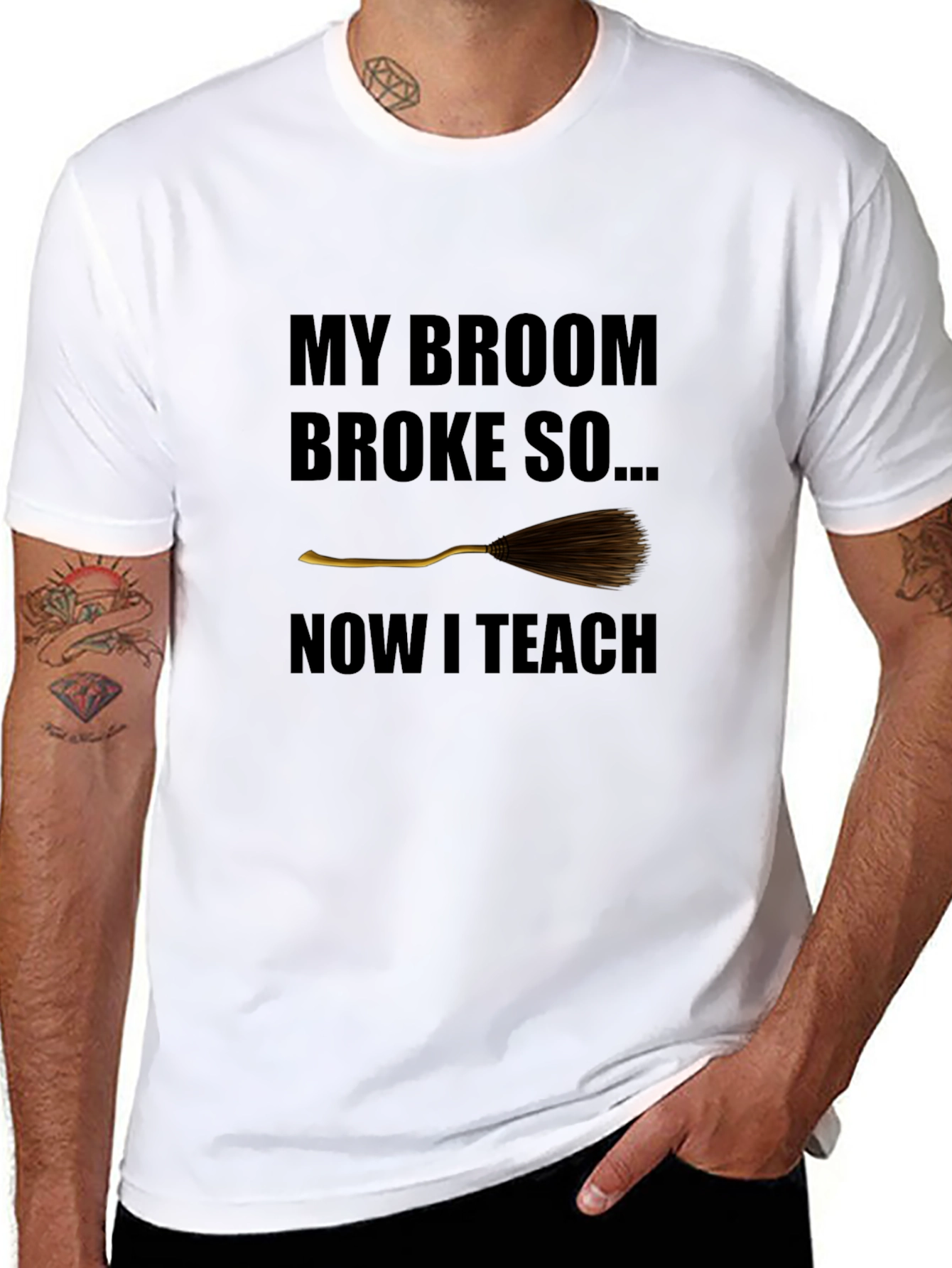 Broom Broke Now I Teach Funny Teacher T-Shirt