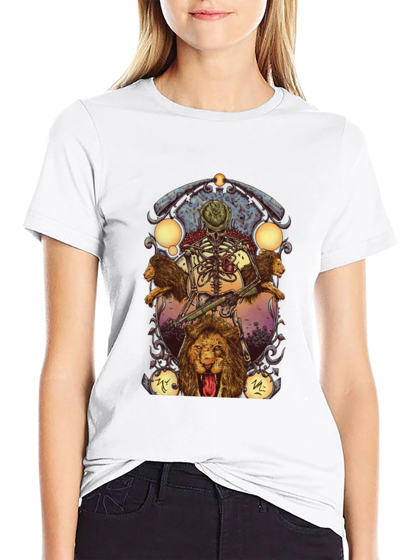 Skeleton & Lions Graphic Print Black T-Shirt