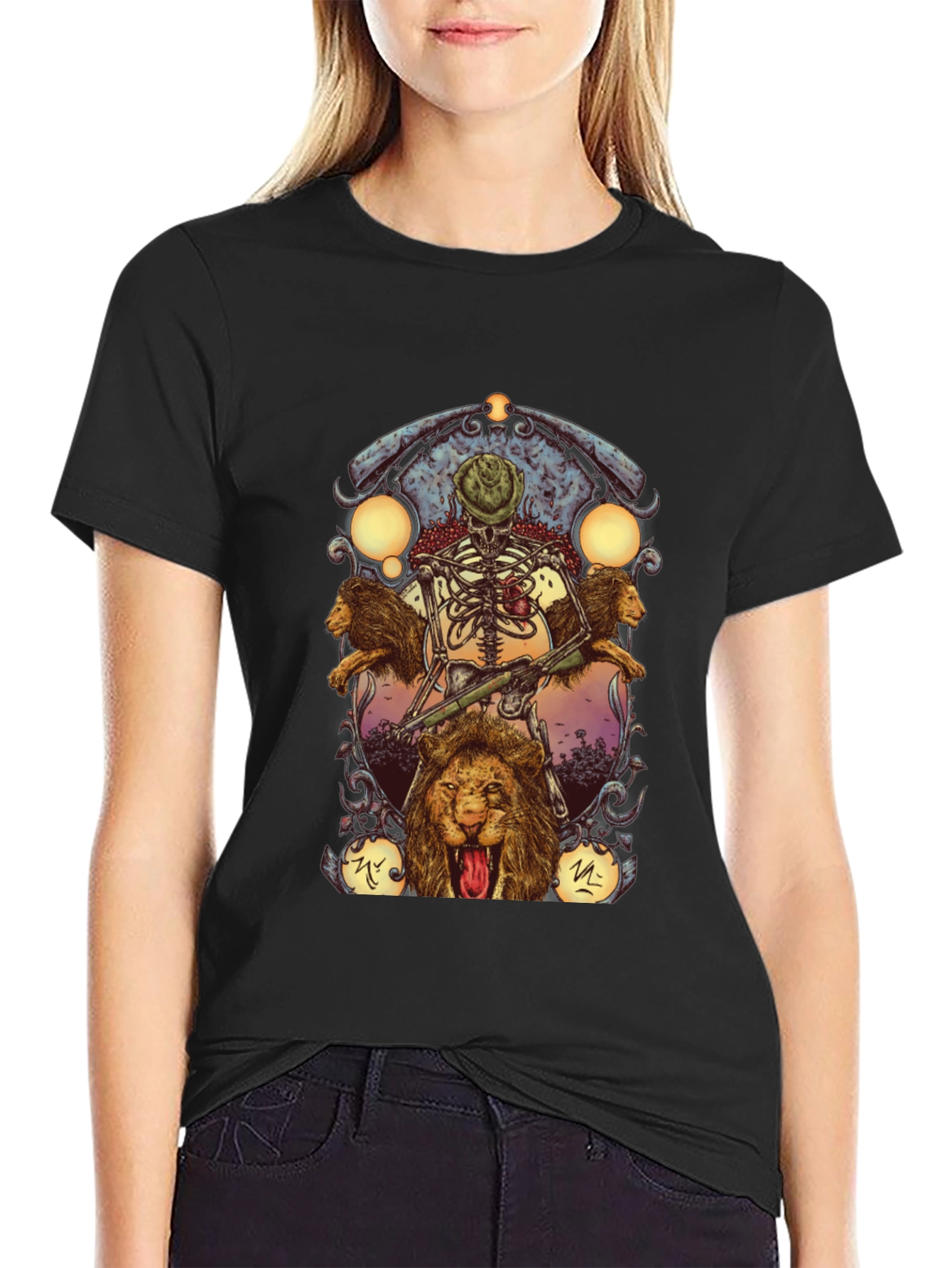 Skeleton & Lions Graphic Print Black T-Shirt