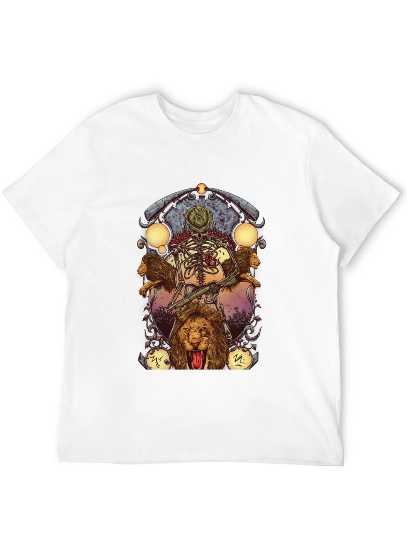 Skeleton & Lions Graphic Print Black T-Shirt