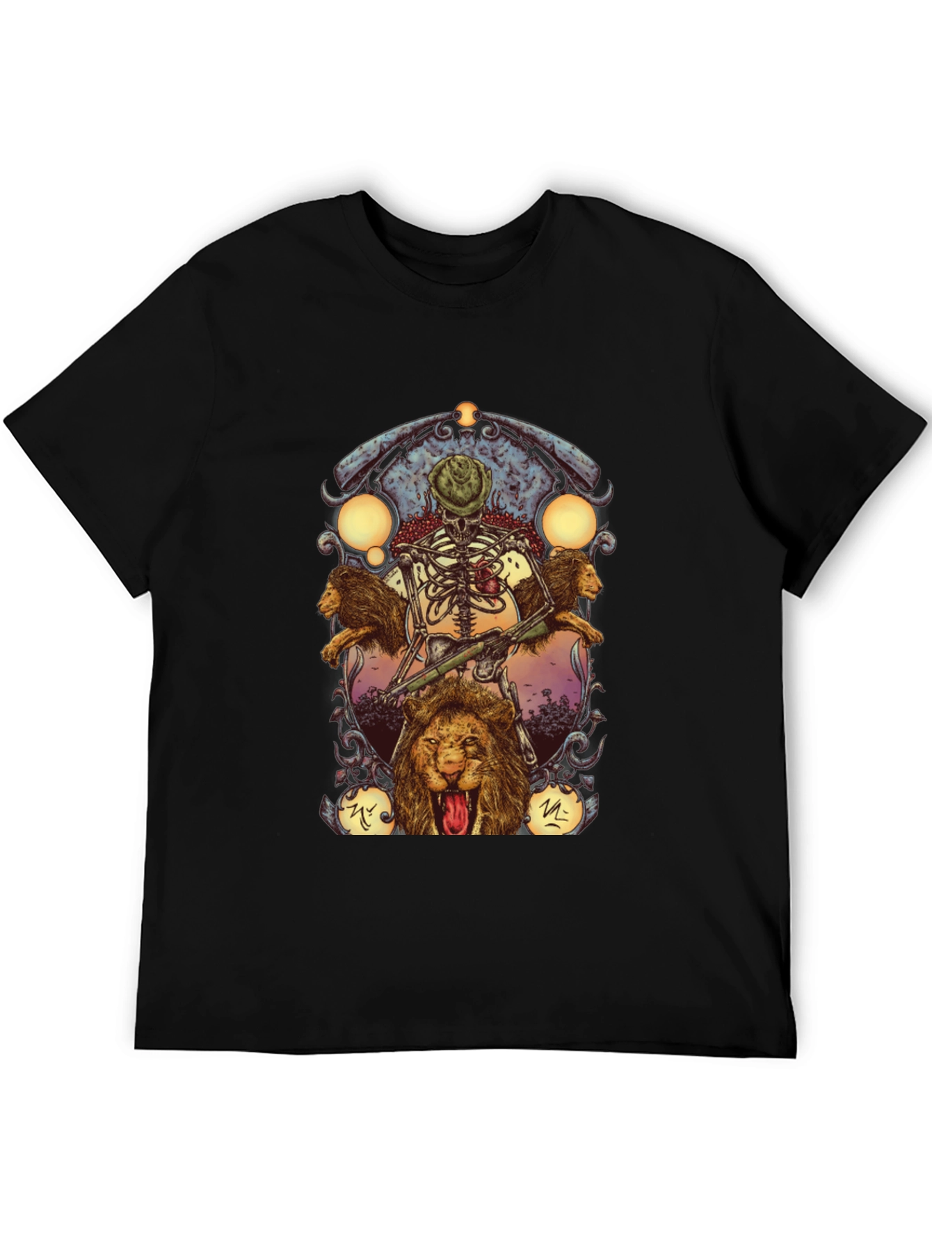 Skeleton & Lions Graphic Print Black T-Shirt