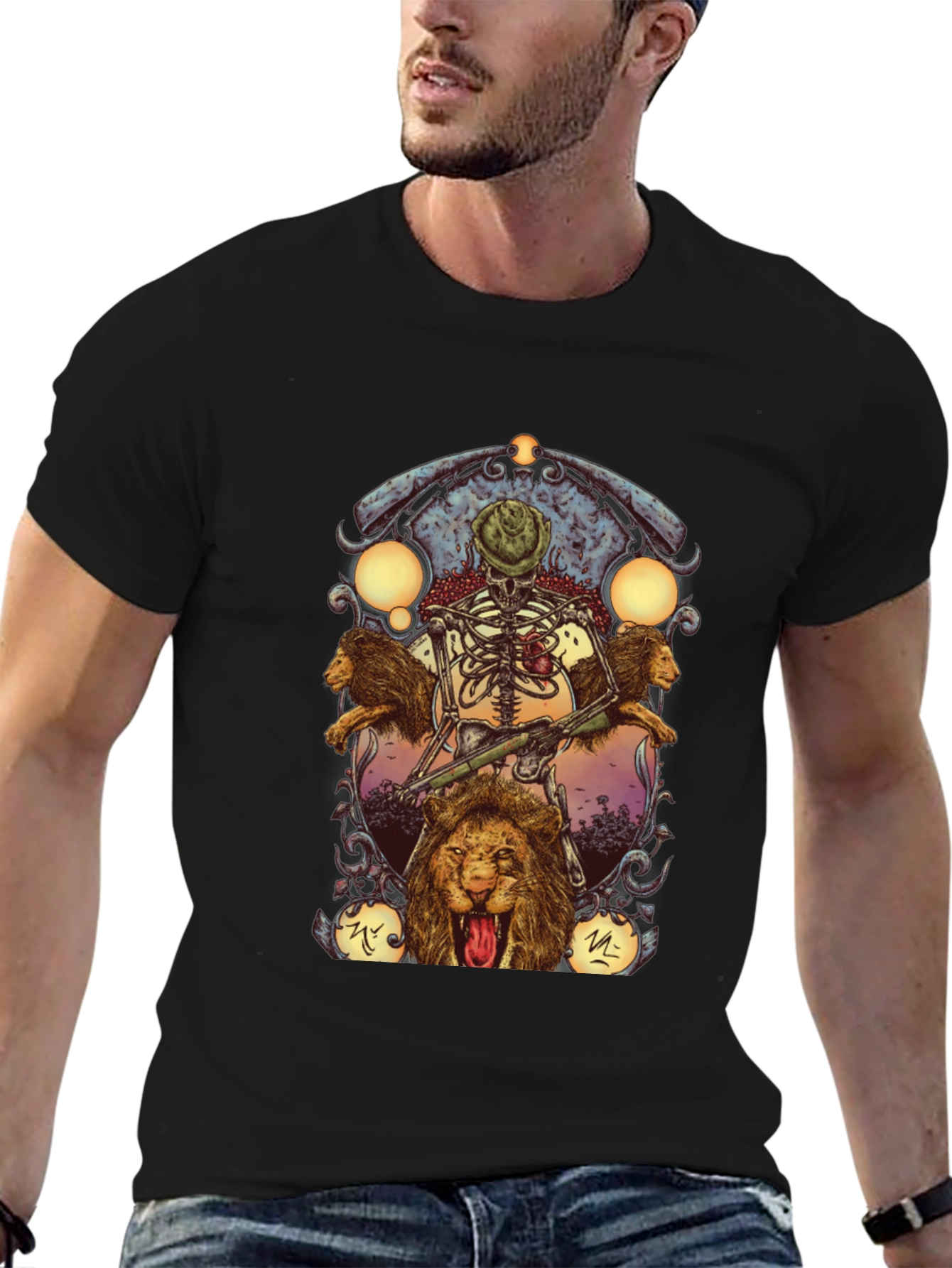 Skeleton & Lions Graphic Print Black T-Shirt
