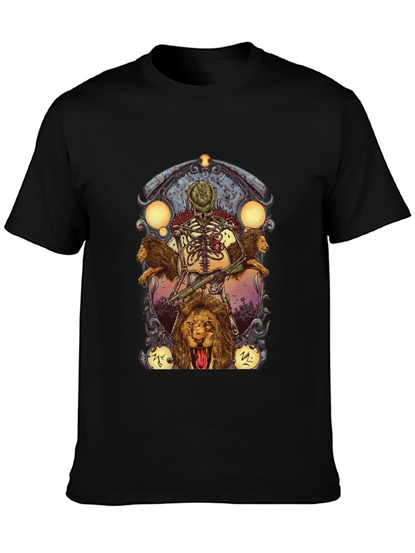 Skeleton & Lions Graphic Print Black T-Shirt