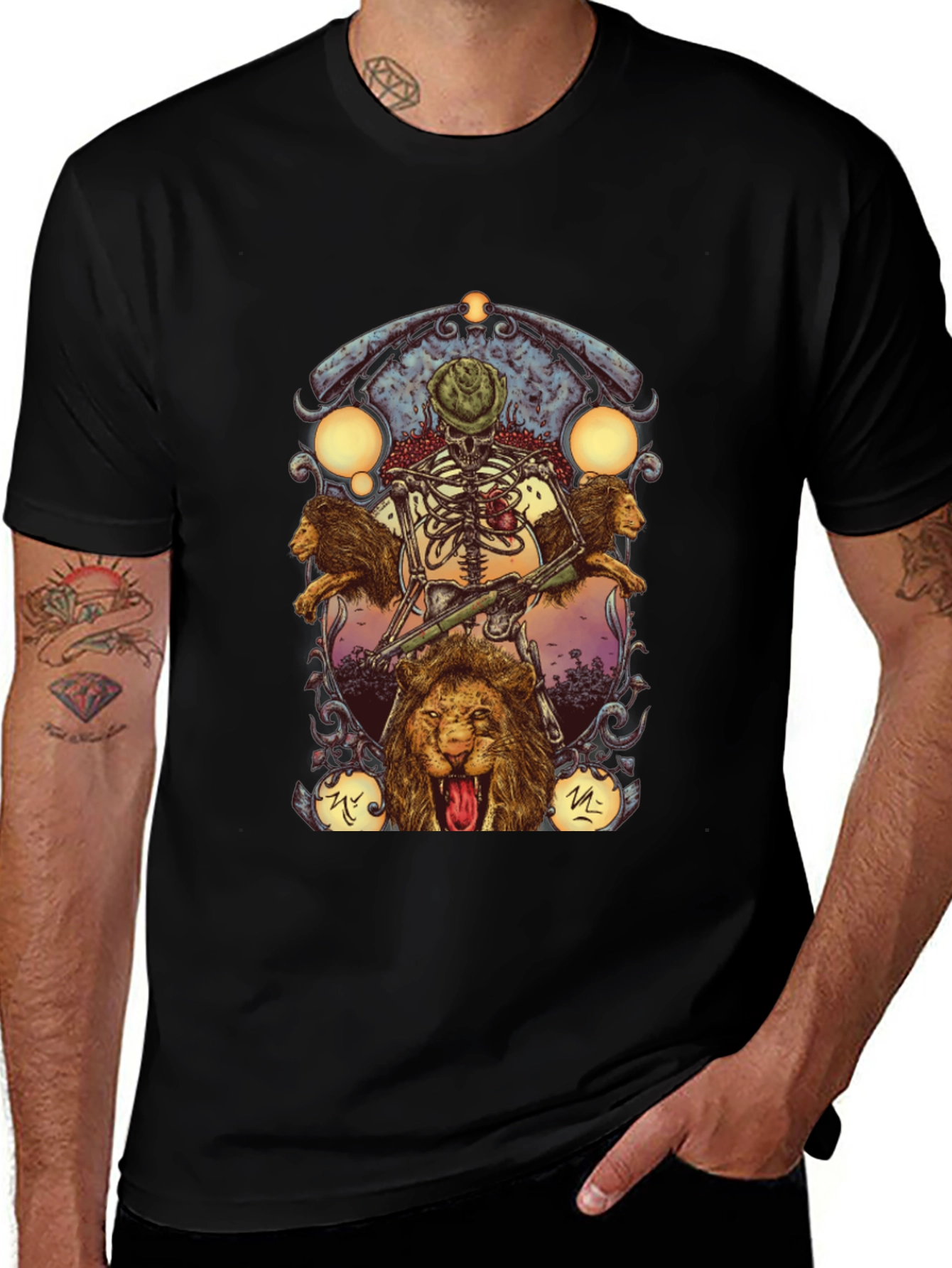 Skeleton & Lions Graphic Print Black T-Shirt
