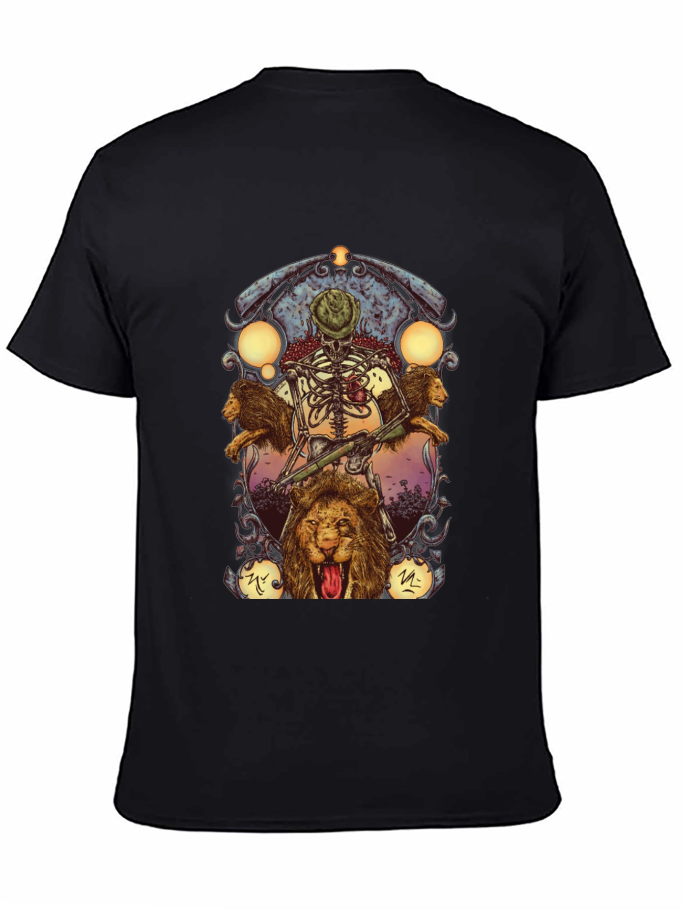 Skeleton & Lions Graphic Print Black T-Shirt