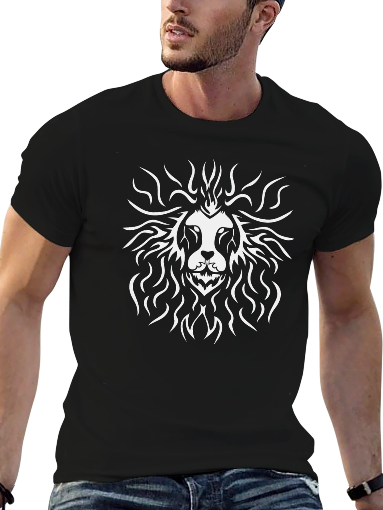Black T-Shirt with White Lion Graphic