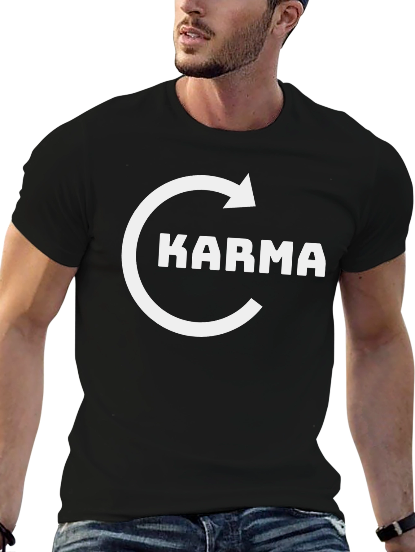 Karma Black Graphic Tee - Circular Arrow Design