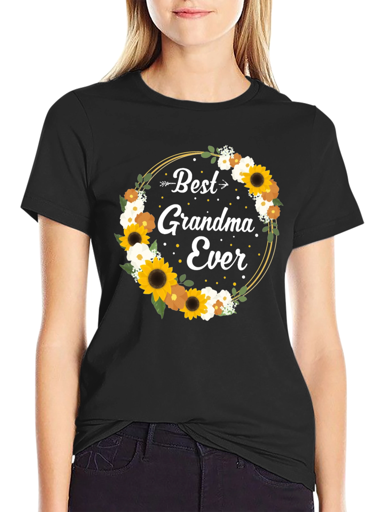 Best Grandma Ever Floral Wreath Black T-Shirt