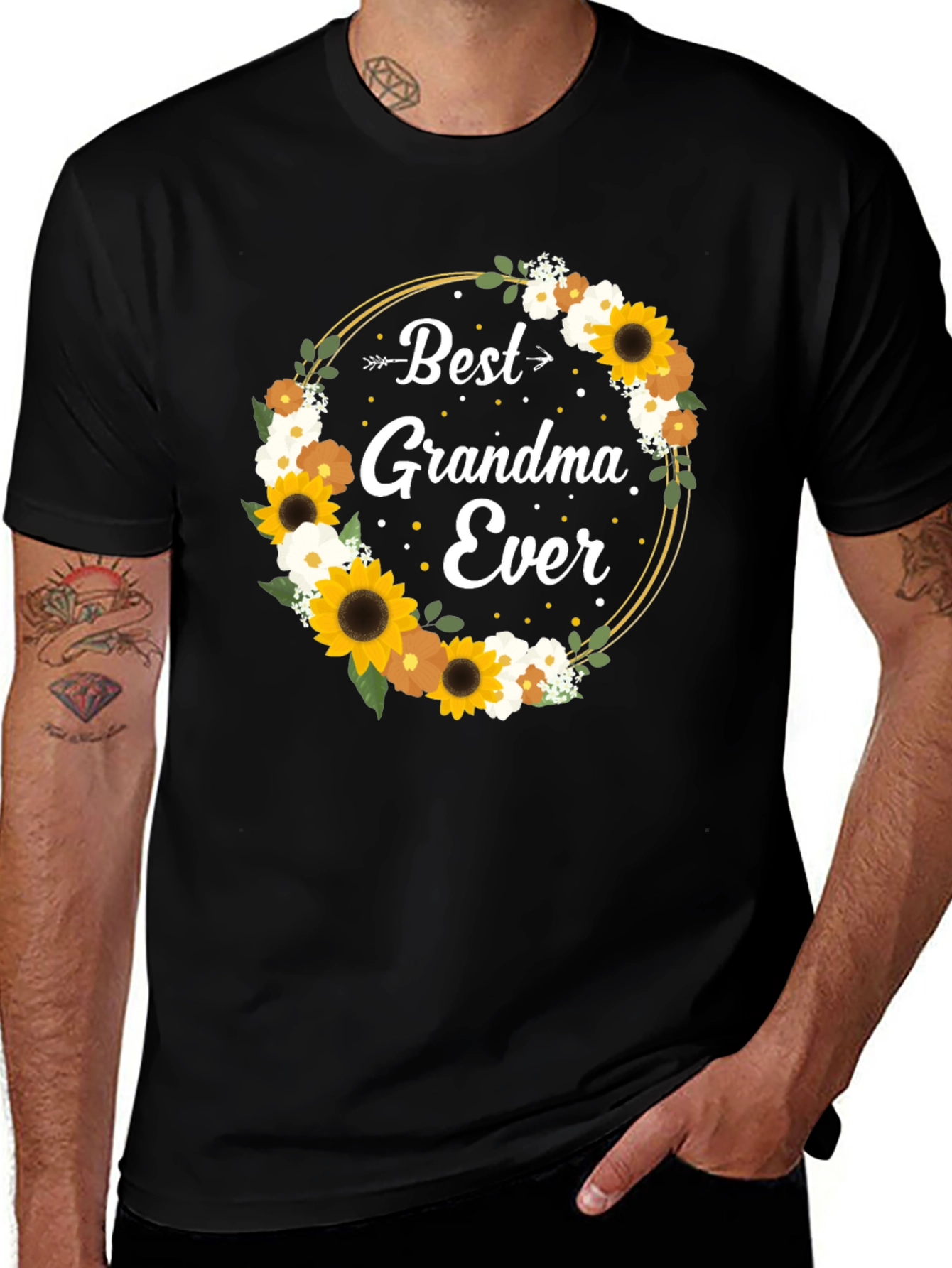 Best Grandma Ever Floral Wreath Black T-Shirt